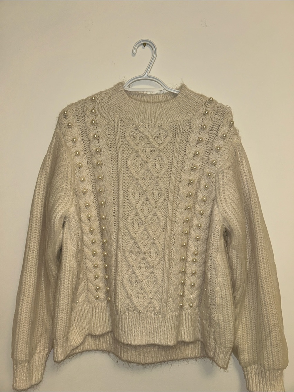 Zara Cream Cable Knit Pearl-Accent Turtleneck Sweater